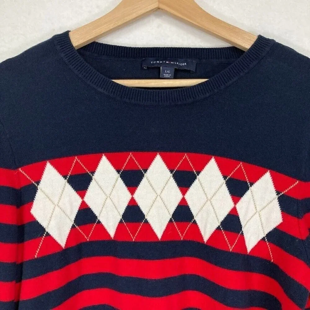 Tommy Hilfiger Cotton Striped Argyle Sweater Grandma Core Old Money Preppy L
